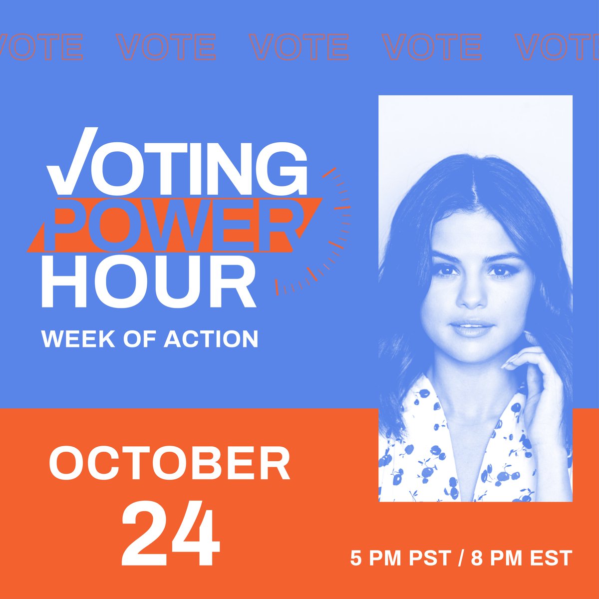 voteearlyday's tweet photo. Happening tonight: @selenagomez & @allintovote @ 8pm ET / 5pm PT are celebrating #VoteEarlyDay with a final #VotingPowerHour. The top 10 texters will get to meet Selena in the virtual backstage after the event! #allintovote 👀 - https://t.co/rdYpkzDrnf https://t.co/Z1Gfl7OSyV