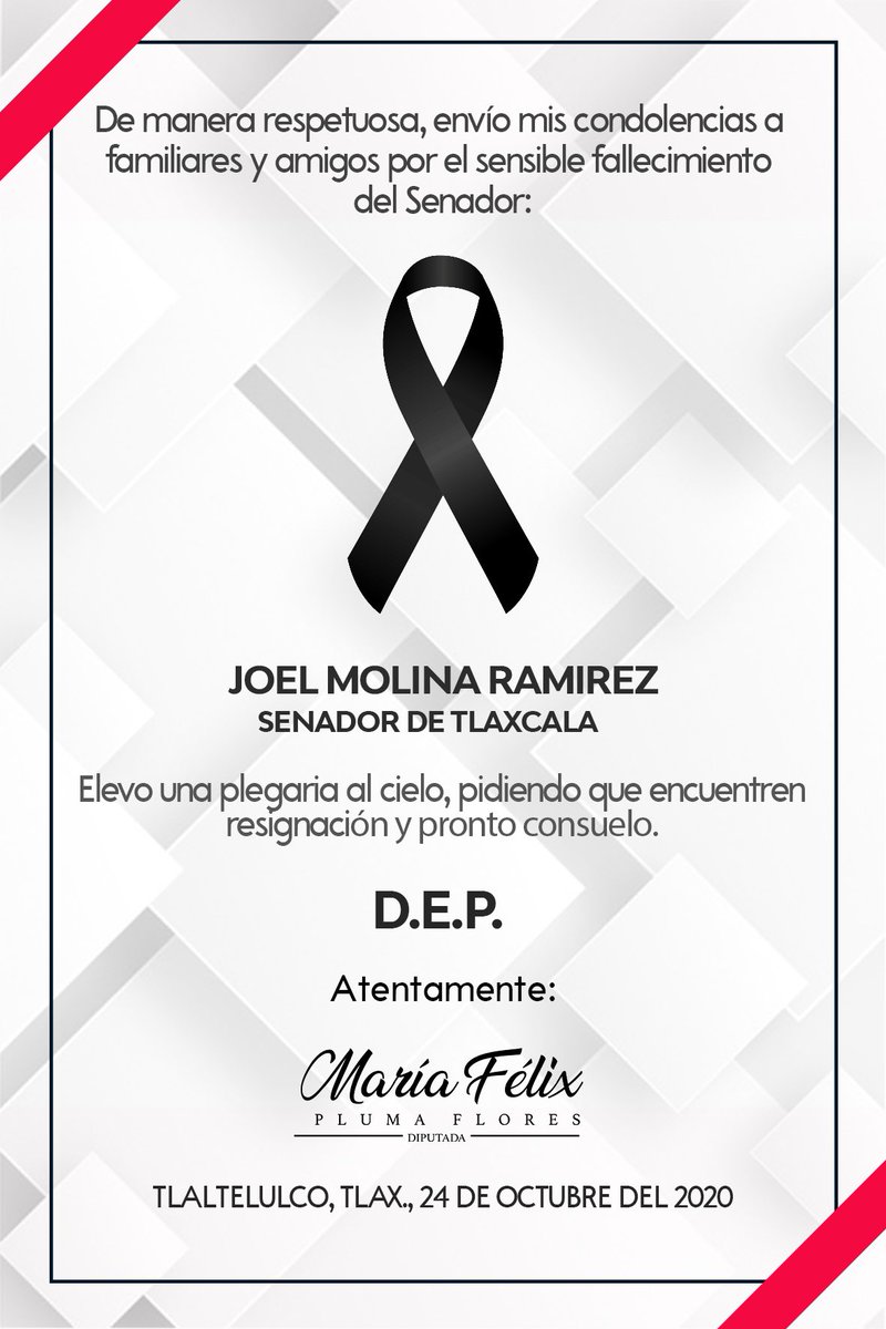 MaFe_pluma's tweet photo. Lamento la muerte del Senador @JoelMolinaRa, envío mis condolencias a familiares y amigos. https://t.co/tGJ19O7CXS