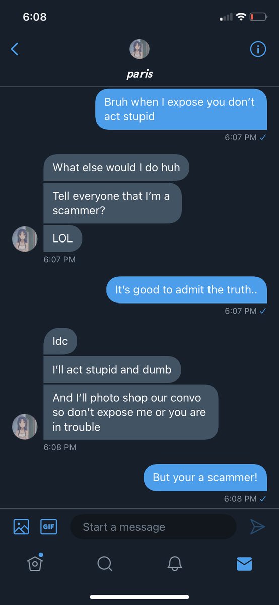 GFXdigitartist's tweet photo. @.parisbloom is a scammer omg her dms leaked from a girl..god https://t.co/nK41jyIBgu