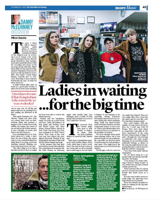 You can read my interview with the very wonderful Pillow Queens in the Irish Mail on Sunday. I also review the fine new album by Bruce Springsteen. <a href="/IrishMailSunday/">Irish Mail on Sunday</a> <a href="/ExtraIRL/">Extra.ie</a> @PillowQueeens <a href="/springsteen/">Bruce Springsteen</a> <a href="/TheBossFanPage/">BruceSpringsteenFans</a> #pillowqueens #BruceSpringsteen #LetterToYou #TheBoss