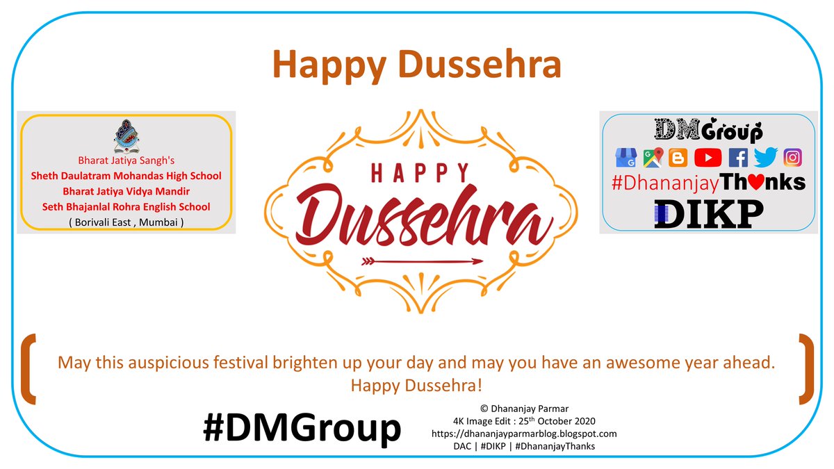SwamijiSchool's tweet photo. #Dussehra #BharatJatiyaSanghs #BJS #ShethDMHighSchool #SethBhajanlalRohraEnglishSchool #BharatJatiyaVidyaMandir #SwamijiSchool #BJVM #DMGroup #School #SchoolLife #MySchool #Borivali #Mumbai #India #Asia #DhananjayThanks #DIKP https://t.co/BX4DCEQ2tK