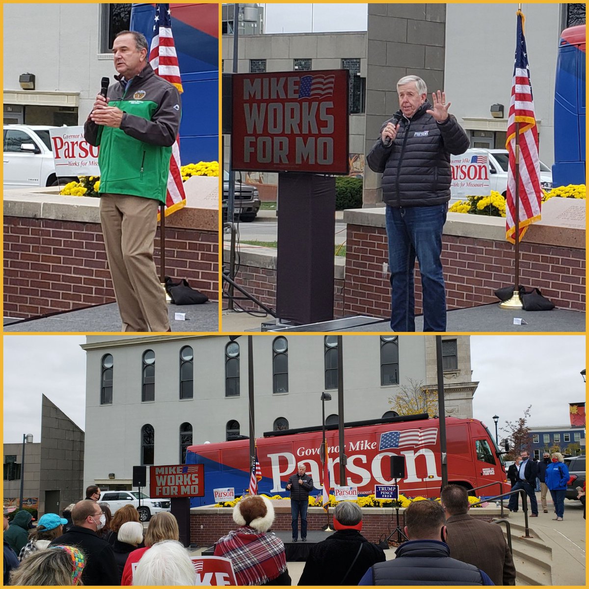 KevinCorlew's tweet photo. The #MikeWorks Bus Tour stopped in the #Northland! Gov @mikeparson discussed his hard work for MO to effectively manage the #COVID19 crisis while making sure our economy grows, kids go to school, &amp; workers have jobs! Great to see the First Lady, too, and LtGov @Mikelkehoe! #MoGov https://t.co/d3FqmiRxqT