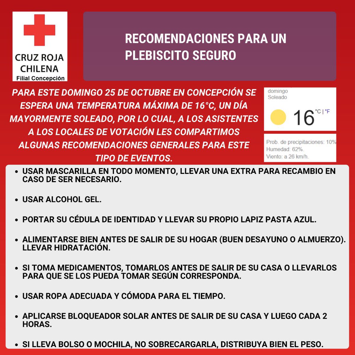 CruzRojaConce's tweet photo. RECOMENDACIONES GENERALES PARA EVENTOS MASIVOS

📌 Compartimos algunas recomendaciones generales para quienes asisten a eventos masivos, en este caso enfocado para quienes concurran a los locales de votaciones este domingo 25 de octubre. https://t.co/plMU5up9Yb