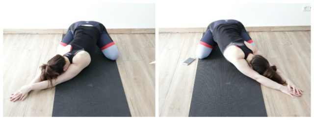 (1/8) Child’s pose with side stretches variationThe extended version of the child’s pose is with your arms extended above your head, will lengthen your spineReach out with both hands to the side for a more intense stretch starting from your lats to your lower back.