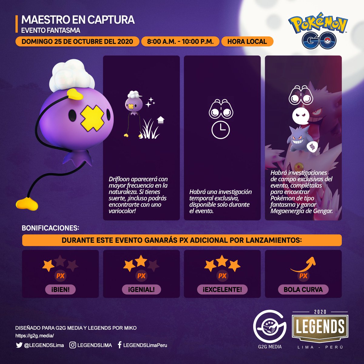 PokemonHispana's tweet photo. Maestro en captura: Fantasma 

Hoy, Domingo 23 de Octubre de 8 a.m. a 10 p.m. tenemos como protagonista a Drifloon que lo podemos encontrar salvaje, investigación especial exclusiva e investigaciones de campo exclusivas con Mega Energía Gengar.

Fuente: @LeekDuck y @LEGENDSLima https://t.co/7Gqbv5wgmc