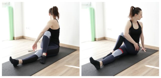 (5/8) Sitting piriformis stretchYet another stretching exercise to address the piriformisPlace your left hand behind you to support the pose and your right arm on your left kneeYou can gently press against your left knee to make the stretch a little more intense