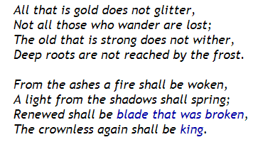 We are given his Poem. "Deep roots" is a reference to his Elvish Bloodline. From the Ashes is a Phoenix reference. Showing that the old Ancestral ways will "spring" again when the frost of winter is over. We get some foreshadowing that "The True King" will return to throne...