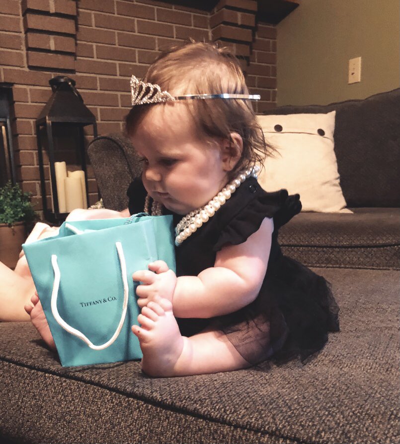 briewithrich's tweet photo. Cecelia’s first Halloween! @TiffanyAndCo This bag was from my push present with her from her dad. 💙 She makes the perfect Audrey Hepburn 🥰 https://t.co/yYkXYOjCeW