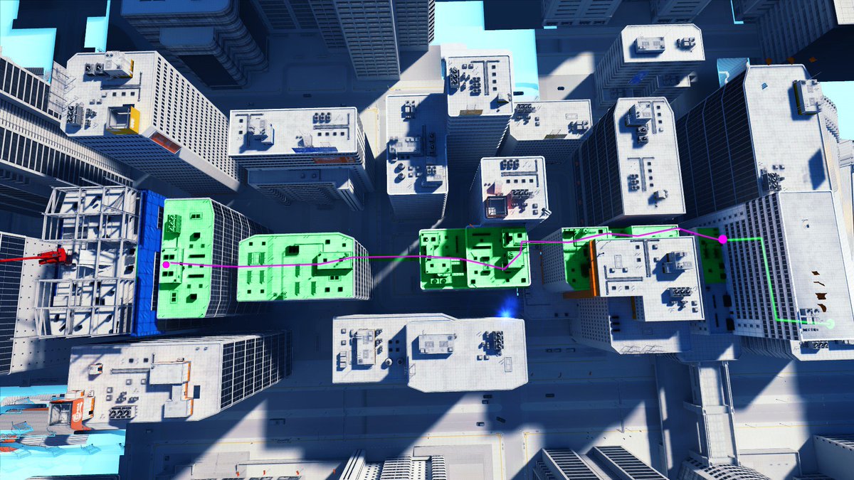 sdgiesselmann's tweet photo. Some more top-down screens from #MirrorsEdge! 

Green represents all accessible space, purple dots area start/end, and purple lines the most direct/linear path towards the end or goal (flow from left to right)

1&amp;2 are the 1st level, 3&amp;4 the ending section of level 4
#leveldesign https://t.co/rJS93RArZ6