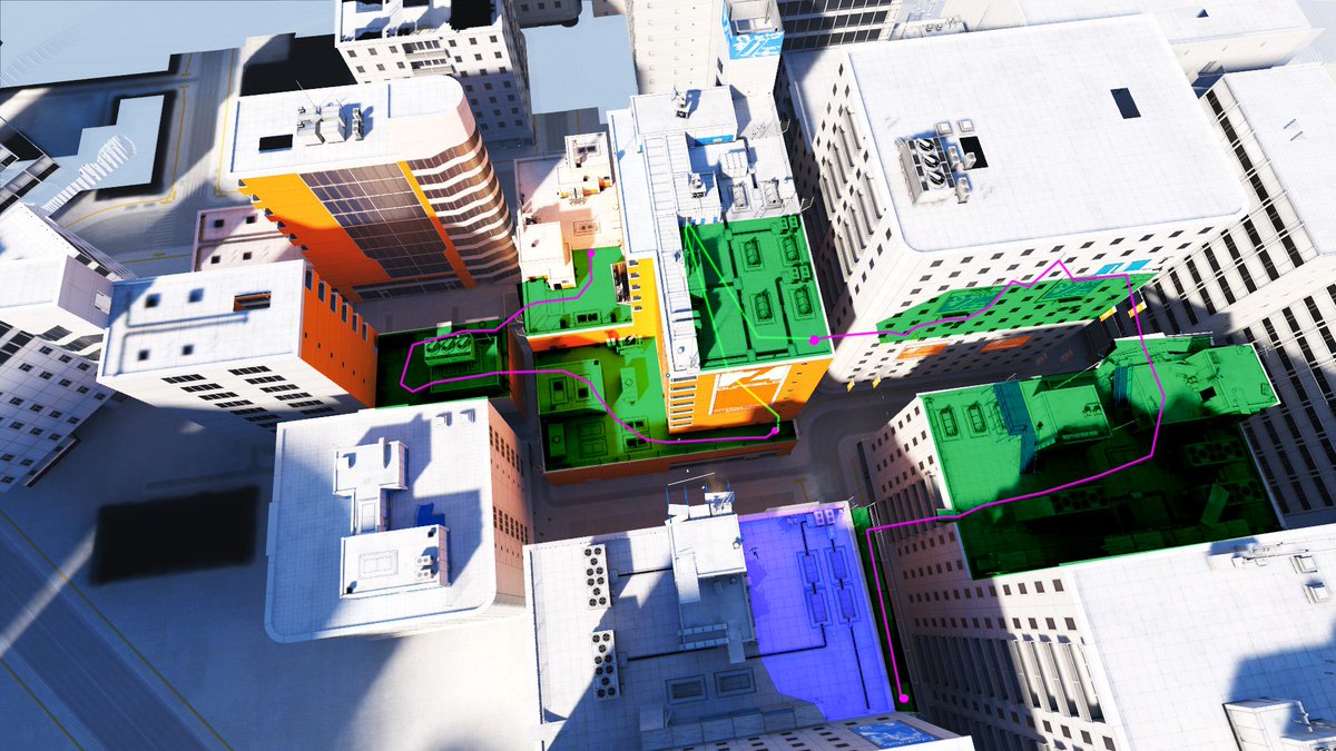 sdgiesselmann's tweet photo. Some more top-down screens from #MirrorsEdge! 

Green represents all accessible space, purple dots area start/end, and purple lines the most direct/linear path towards the end or goal (flow from left to right)

1&amp;2 are the 1st level, 3&amp;4 the ending section of level 4
#leveldesign https://t.co/rJS93RArZ6