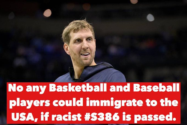JasonH03726208's tweet photo. @tim_cook If racist S386 is passed, no more foreign athletes will be able to immigrate into the US. No exciting baseball games. No entertaining basket games. Only cheap Indian workers will come to this country. #S386IsNotFair #NoS386 #S386OutsourcingBill https://t.co/E5TYwpHkH0