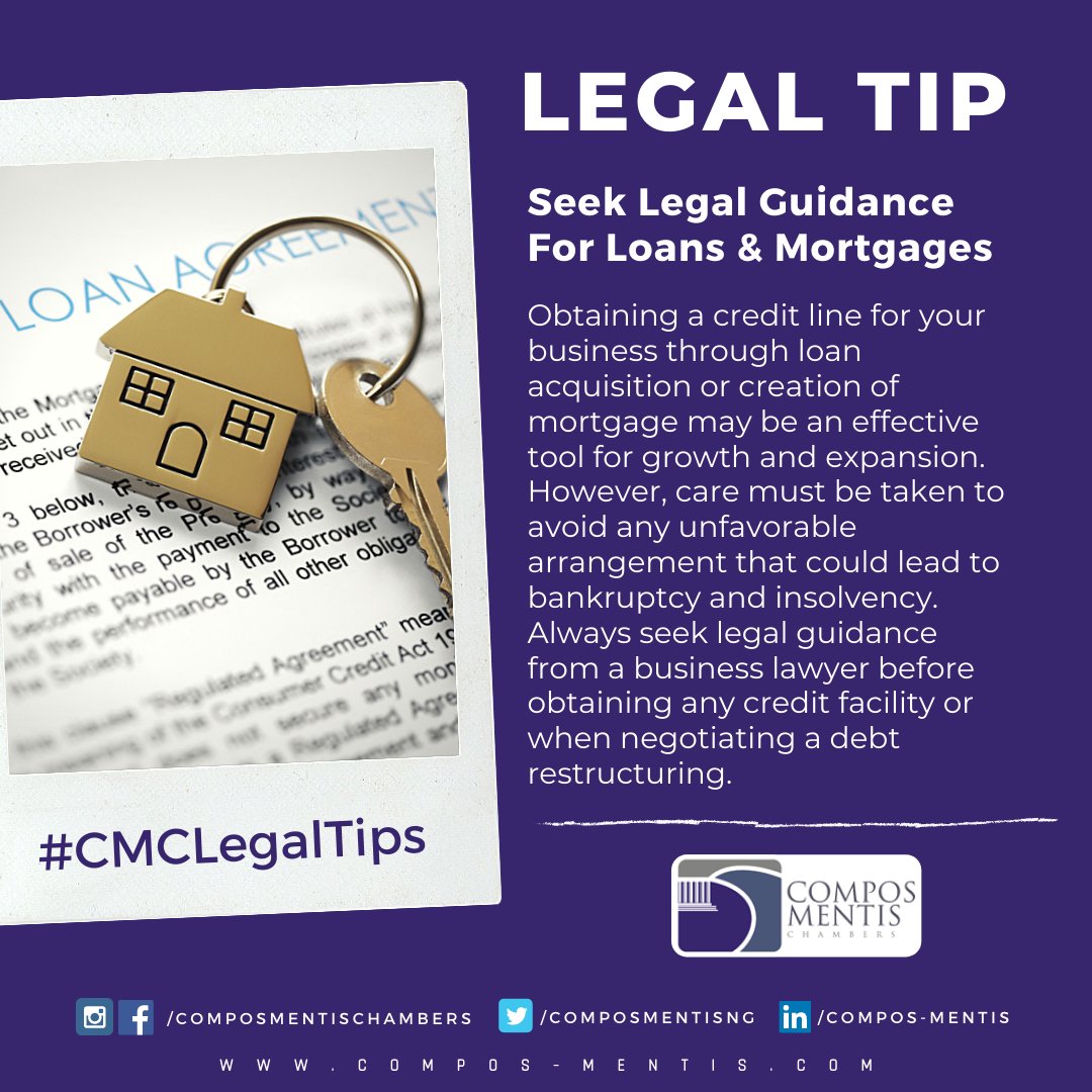 composmentisng's tweet photo. Seek Legal Guidance For Loans & Mortgages: Obtaining a credit line for your business through loan acquisition or creation of mortgage may be an effective tool for growth and expansion.
Read more: https://t.co/zmVR5euPb7
#CMCLegalTips https://t.co/k1kL7taTpW