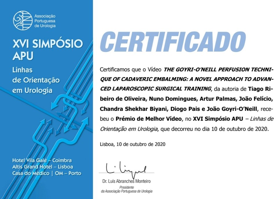 1st prize for the best video presented at the XVI Symposium of the Portuguese Association of Urology. Another milestone for this exciting project, consolidating the perfusion technique of cadaveric embalming as the ideal model to train advanced laparoscopic surgery in Urology.