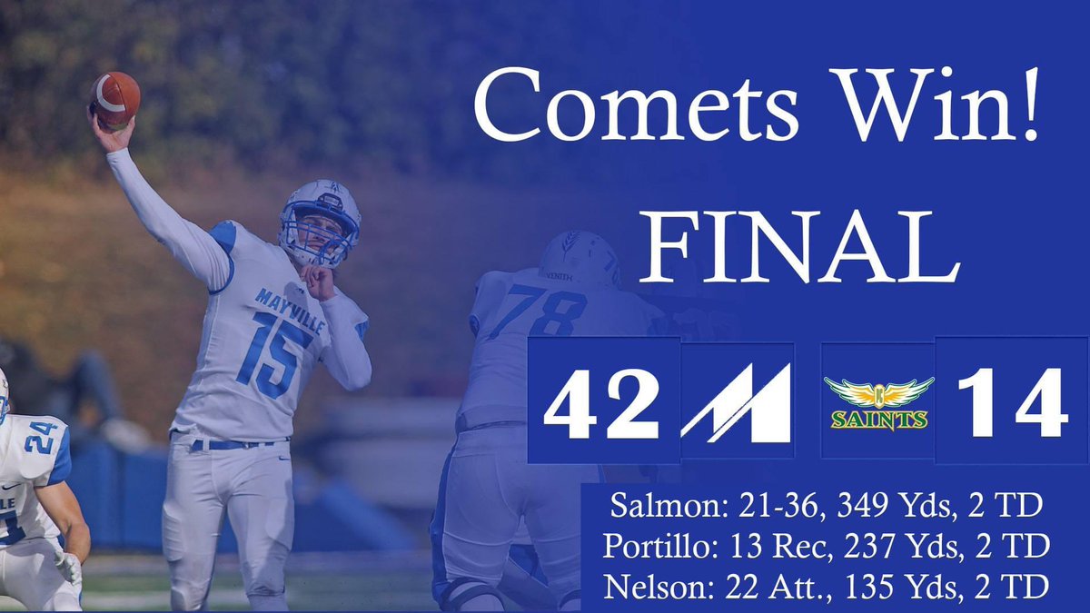 Comet_Athletics's tweet photo. COMETS WIN! Comet Football picks up win number one on the season with a 42-14 victory against Presentation College. Tim Salmon finished the game with 21-of-36 with 349 passing yards, and two touchdowns. https://t.co/Esd0nYtLaX