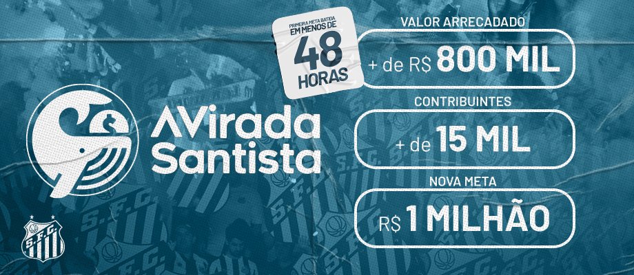 A nação santista segue se unindo cada vez mais pelo Peixão e estamos MUITO PRÓXIMOS de bater a segunda meta! ⚪⚫ Bora fazer parte da #ViradaSantista? 🐳 Faça sua doação em kickante.com.br/viradasantista