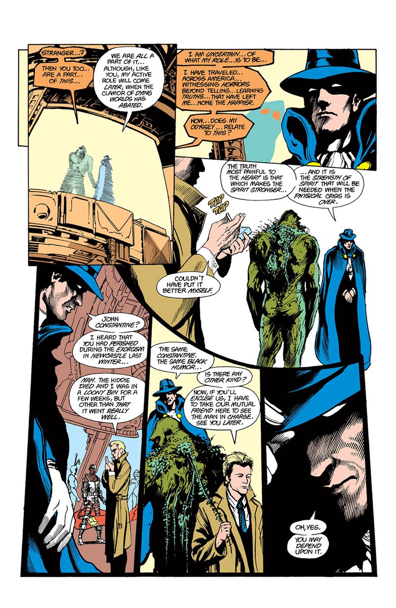 Issue 46 would begin a tie in to Crisis on Infinite earths this would allow Alan a shot at writing the Phantom Stranger, he would later go on to write one of the 4 origins for him in Secret Origins....most people took his at the "canon" one.