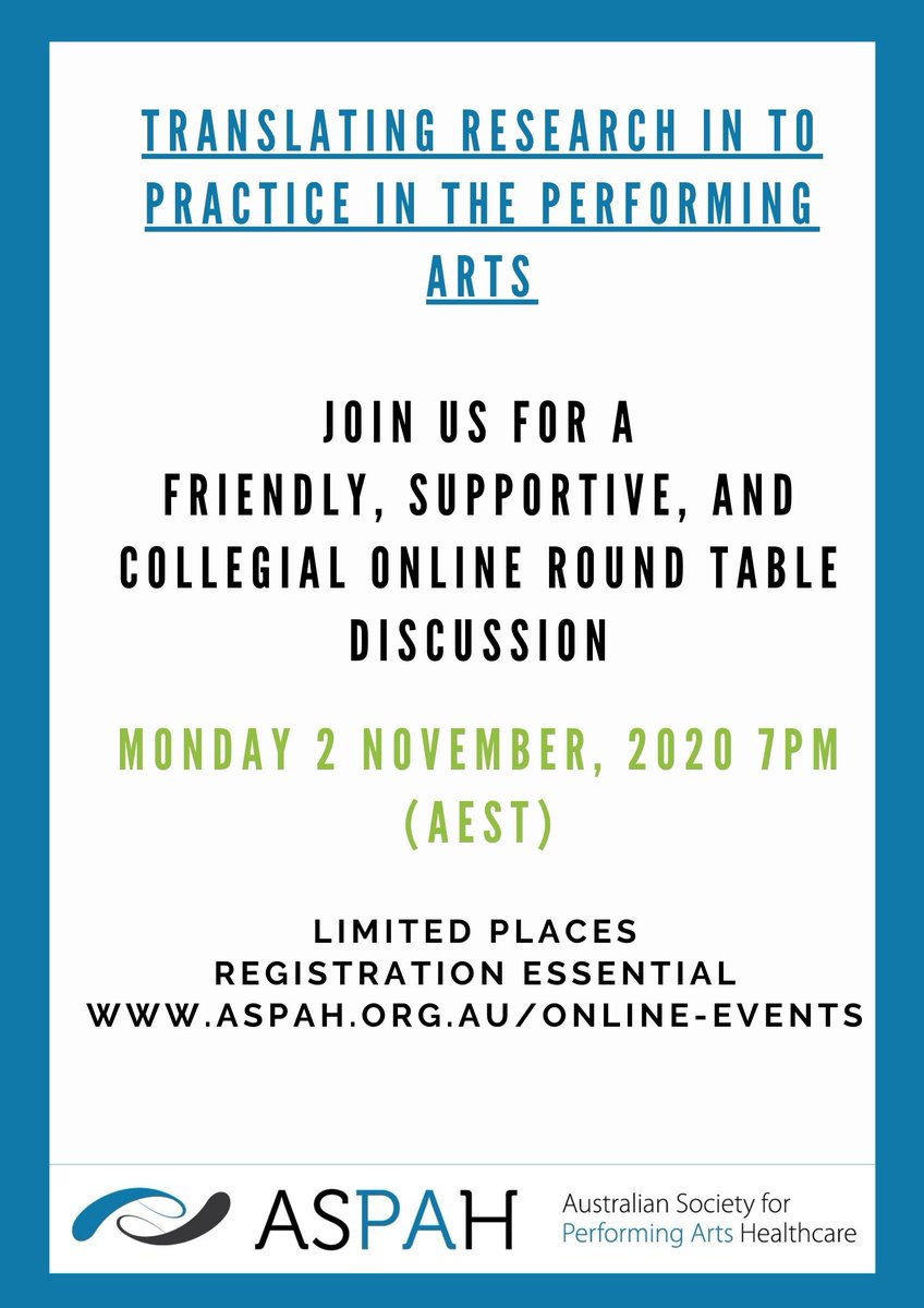 aspah_aus's tweet image. Join us for a friendly, supportive, and collegial Online Round Table Discussion Group on "Translating research in to practice in the performing arts". Monday 2 November, 2020 7pm (AEST)/ 8pm (AEDT). Registrations are limited, so register early - aspah.org.au/online-events/