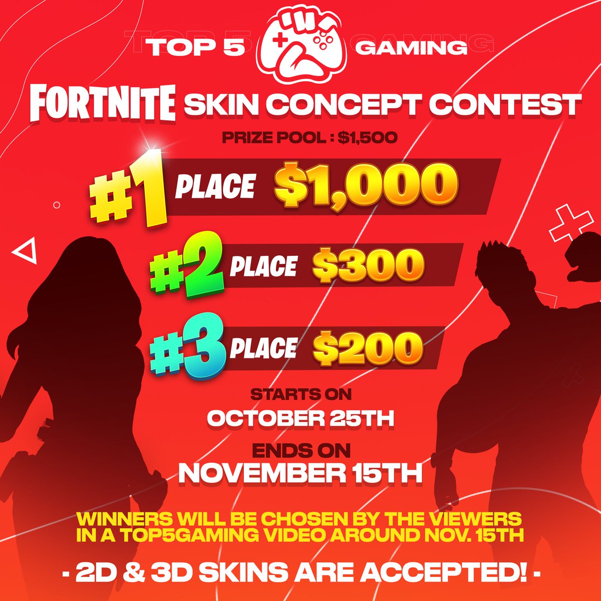 Top5Gamingx's tweet image. *OFFICIAL* Top5Gaming Skin Concept Contest!

Create 1 (or multiple) skins that you would like added to Fortnite. There is no theme outside of it just being creative &amp;amp; a cool skin fans want to see in-game. 

Make sure to tag your art with #T5GContest 

Good luck to all 😁