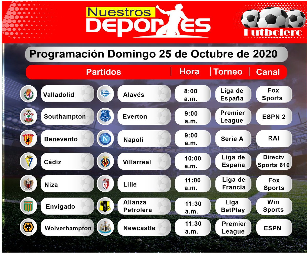 #Futboleros, esta es la programación de los partidos que pueden ver el domingo por televisión.
#Fútbol #QuéVivaElFútbol #Colombia #DomingoDeFútbol #LigaBetPlay #FPC #LaLiga #SerieA #PremierLeague #Bundesliga #Ligue1 #PrimeiraLiga #QuédateEnCasa
https://t.co/Tq34qnio0U https://t.co/M8tYbGeJgU