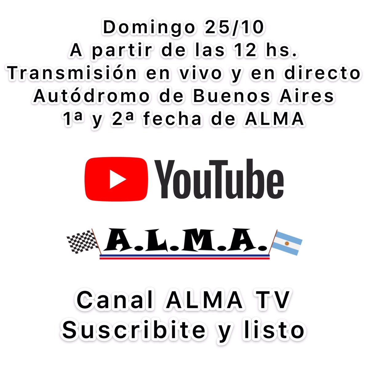 ALMAPRENSA's tweet photo. 📺 Para seguir la 1ª y 2ª fecha de ALMA desde el Autódromo de Buenos Aires: Canal de YouTube ALMA TV en vivo y en directo a partir de las 12 hs. 🎥 @OKBeloSport 🎙 #alma #galvez #autodromoba #volvemoscontodo #youtube #canal #almatv https://t.co/yrTCGCeJ0G