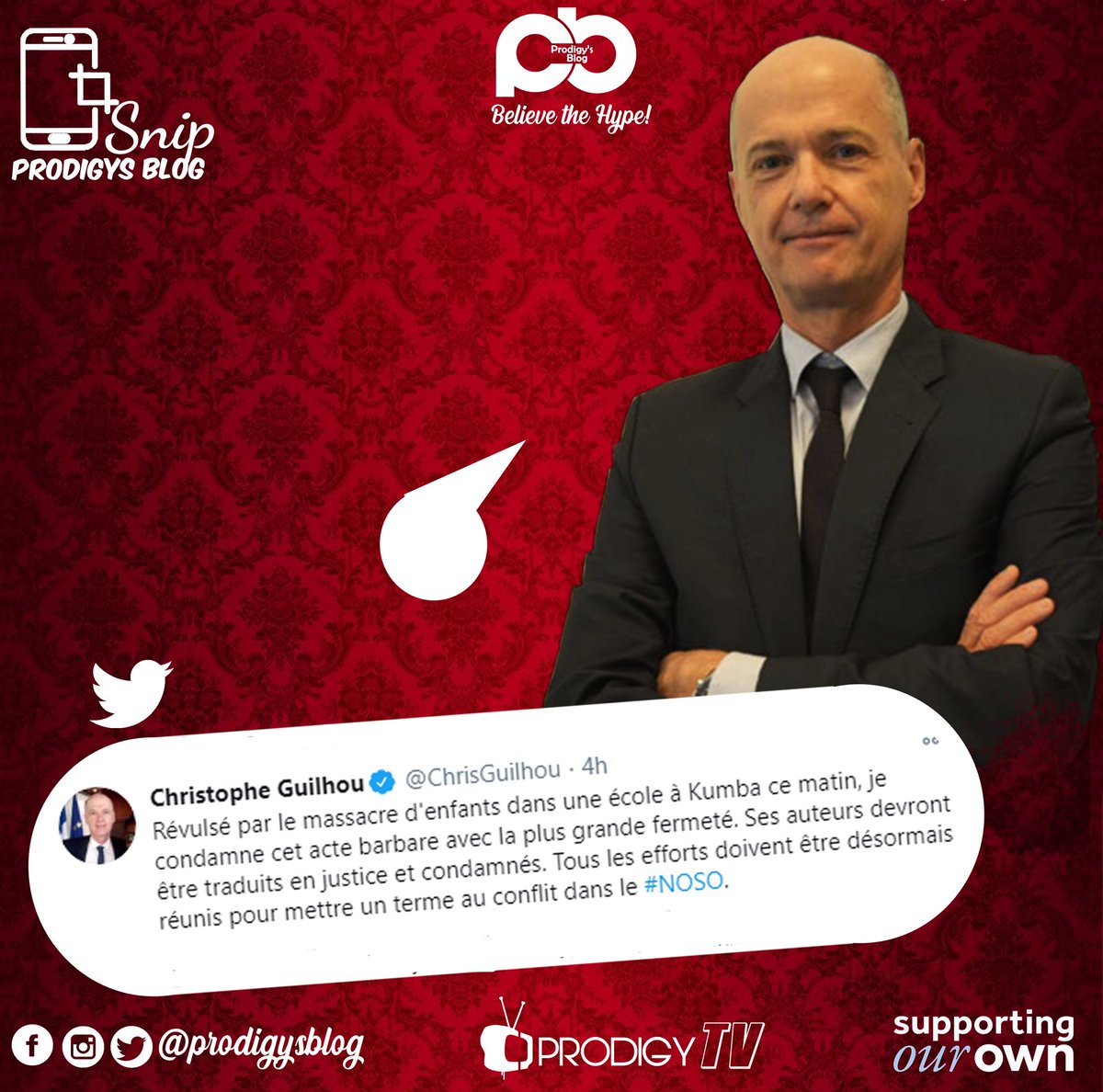 blog_prodigy's tweet photo. The French Ambassador to Cameroon @Christophe Guilhou  has this to say pertaining to the homicide that took place in Cameroon on the 24th of October 2020.Rejected by the massacre of children in a school in Kumba this morning, I condemn this barbaric act with the greatest firmness https://t.co/bkUrAZgmiv