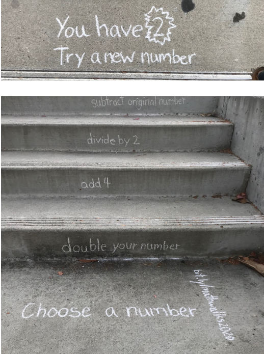 traciteacher's tweet photo. Love this go 2 number puzzle from @WeAreTeachers Always tough to write on stairs (they have quite the inward slant it turns out!) #sandiegomath #mathgraffiti #sidewalkmath #MTBoS #iteachmath https://t.co/rFAz7sfq6Q https://t.co/gzt7IeRfIF