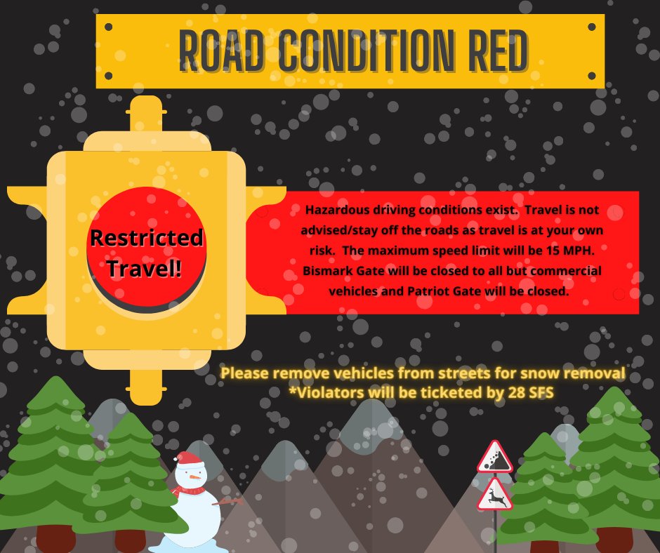 Team,

We are transitioning to ROADCON Red due to very slippery roads. Max speed limit is 15 mph if you must travel due to work or for necessities. While travel is not prohibited, for your own safety and others, please only travel if necessary.