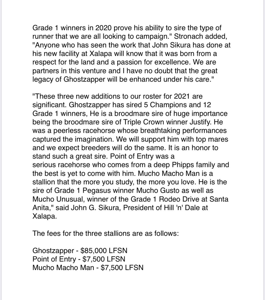 Horse of the Year and Perennial Leading Sire Ghostzapper along with Breeders’ Cup Classic winner Mucho Macho Man, and multiple G1 winner Point of Entry to relocate to Hill 'n' Dale at Xalapa