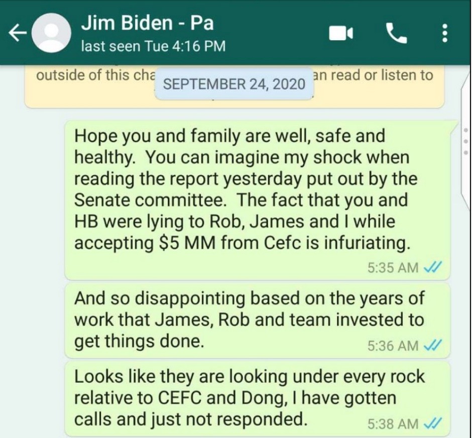 Tony Bobulinski found out through the Senate report a few weeks ago that Hunter and Jim Biden had a side deal with CEFC China Energy. Here's Bobulinski's message to Jim Biden about that. "The fact that you and [Hunter Biden] were lying..."  https://dailycaller.com/2020/10/24/hunter-biden-bobulinski-fara-china/