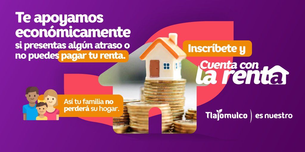 GobTlajomulco's tweet photo. 🏡 En Tlajomulco, te prestamos hasta 3,000 pesos para que pagues tu alquiler, en caso de haberte atrasado. 

Con el programa #CuentasConLaRenta garantizamos tu derecho a la vivienda. Inscríbete y conoce todos los detalles aquí: https://t.co/K8B6xTPyRA. https://t.co/mAbyfOxgrN