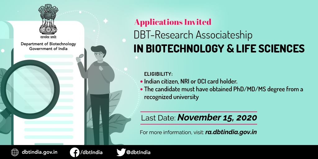 DBTIndia's tweet photo. Applications Invited for the DBT-Research Associateship in #Biotechnology &amp; Life Sciences

Last Date: November 15, 2020

For more information: https://t.co/ZGCiB3NALy

@drharshvardhan @RenuSwarup https://t.co/5xqk649j82