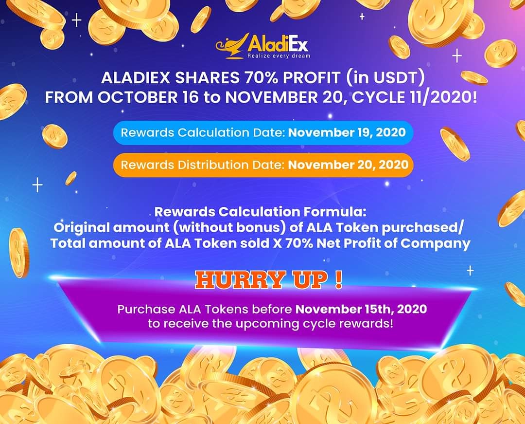 Aladiexchange's tweet photo. 🔥ALADIEX SHARES 70% OF PROFITS (in USDT) FROM OCTOBER 16 to NOVEMBER 20, CYCLE 11/2020! 🔥

Note: This great result will absolutely be achieved in the next four (04) weeks in November. AladiEx would like to continuously share the 70% net profits to all ALA token holders. https://t.co/9fHrm5YuLG