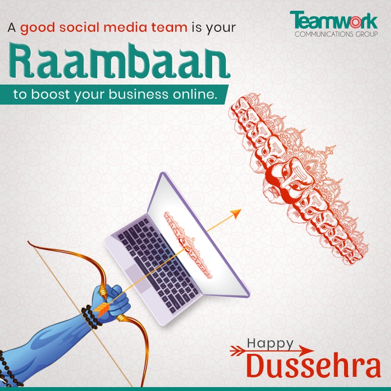 TeamworkPR's tweet photo. A good social media team is your "Raamban" to all the evils hindering your business' growth.
Teamwork wishes you a happy and fulfilling dussehra for you and your business.
#TeamworkGroup #HappyDusshera https://t.co/vnpSg3yX2z