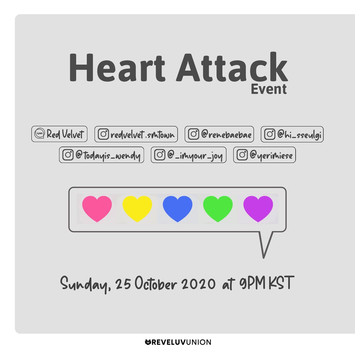 reveluvunion's tweet photo. [REVELHEART]
We want to invite everyone to show Red Velvet how much we love and support them. Let’s give these heart emoji ❤️💛💙💚💜 to the members on the Official Lysn page and their Official Instagram account, starting from 09.00 PM KST.
@RVsmtown #RedVelvet https://t.co/fbEif9P8Cw