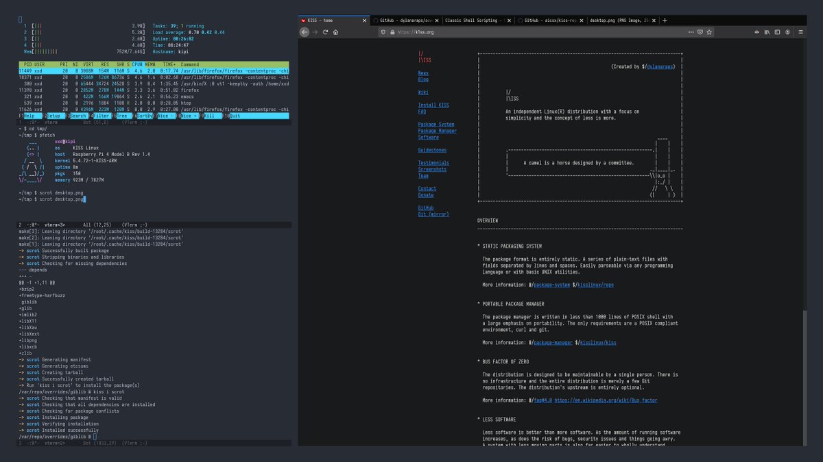 一直想用比较简洁的工具构建一套 Linux 系统，最近入手了树莓派 4，目前已经初步可用了。主要基于 KISS，编译为 aarch64，包括：
- kernel 5.4.72
- busybox 1.32
- musl 1.2.1
- gcc 10.2.0
用到的一些包：github.com/xuxiaodong/kis…