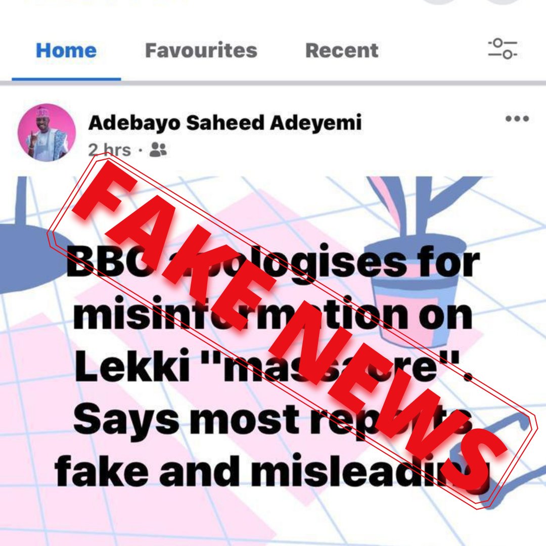 Fake news alert: We don see dis tori dey fly upandan for WhatsApp and Facebook, dis na fake news. BBC stand by every report wey we do about wetin happun for Lekki toll gate as we bin dey dia wen di shooting start.

#EndSARS