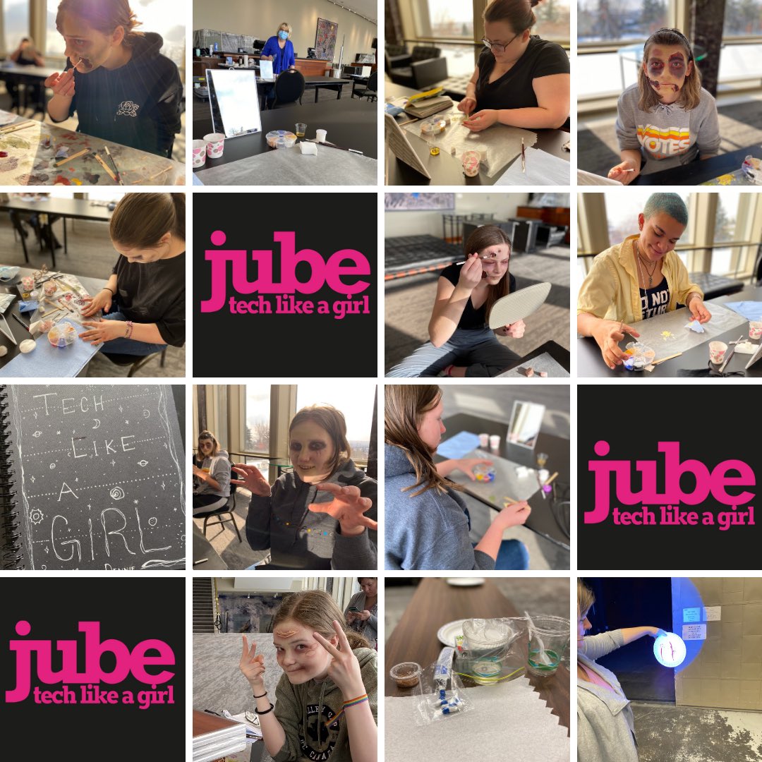 JubeSchool's tweet photo. #TechLikeAGirl Zombie style. When have you had the chance to learn from @TheEmmys award winning makeup artist @Gail_makeup? We did today and the results are pretty spooky! @Jubilee_AB #yycarts #abarts https://t.co/EvoZoNEcj7