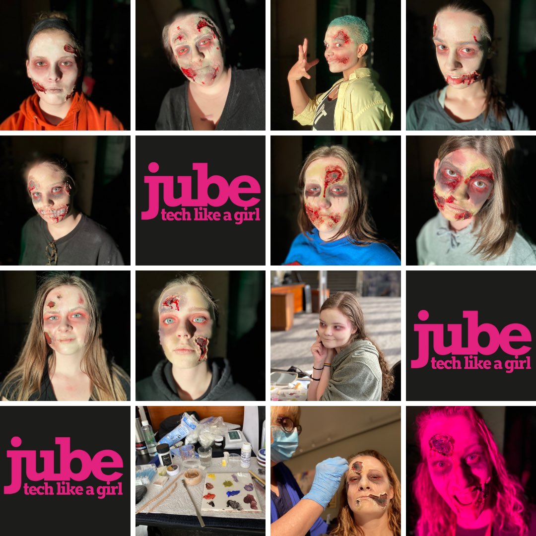 JubeSchool's tweet photo. #TechLikeAGirl Zombie style. When have you had the chance to learn from @TheEmmys award winning makeup artist @Gail_makeup? We did today and the results are pretty spooky! @Jubilee_AB #yycarts #abarts https://t.co/EvoZoNEcj7