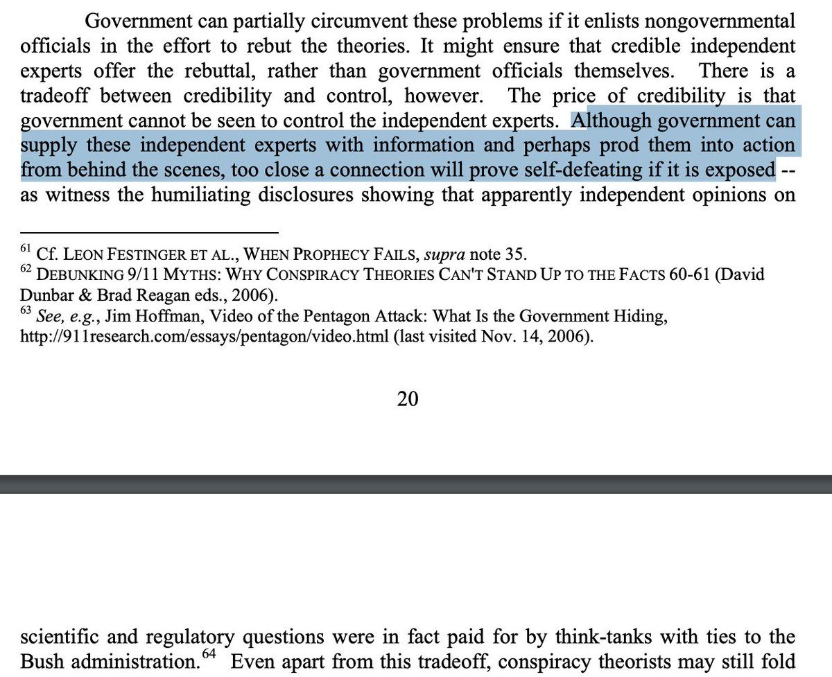 Cass Sunstein has called for US govt to groom seemingly independent agents to conduct "cognitive infiltration" against vaguely defined "conspiracy" networks: "govt can supply these independent experts with information and perhaps prod them into action from behind the scenes..."