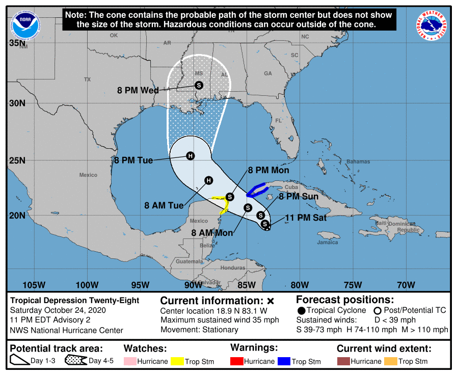 ouragans's tweet photo. La dépression n°28 se renforce. Alerte de tempête pour la province de Pinar del Rio (Cuba). Préalerte de tempête au Yucatan, de Tulum à Rio Lagartos
#DT28 centrée à 3h TU par 18.9N 83.1W soit 380 km au SSE de la pointe W de Cuba, vents 55 km/h, stationnaire, pression 1004 mb https://t.co/X6Vo5VG0wu