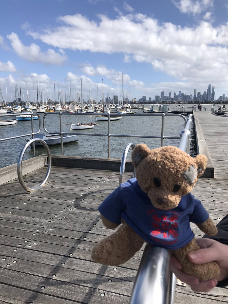 RennisonKate's tweet photo. @communitypresch Travelling Ted has spent the last three months staying very close to home but now here in Melbourne we can travel within 25km of our homes so we went to the beach at #StKilda and visited #AlbertPark - the home of the Aus #grandprix #travellingteddownunder https://t.co/tHaD1EE7un