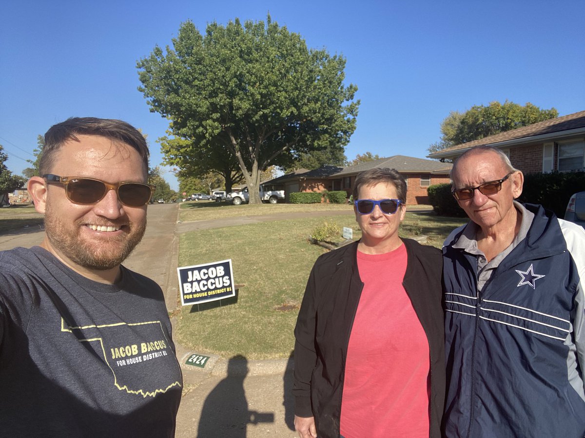 Jacobbaccus's tweet photo. It warmed up and the dream team got to hundreds of doors. Thanks mom and dad for all your hard work and support. #edmondok #jb81 #hd81 #heartofedmond #vote https://t.co/ulMQvOQaWD