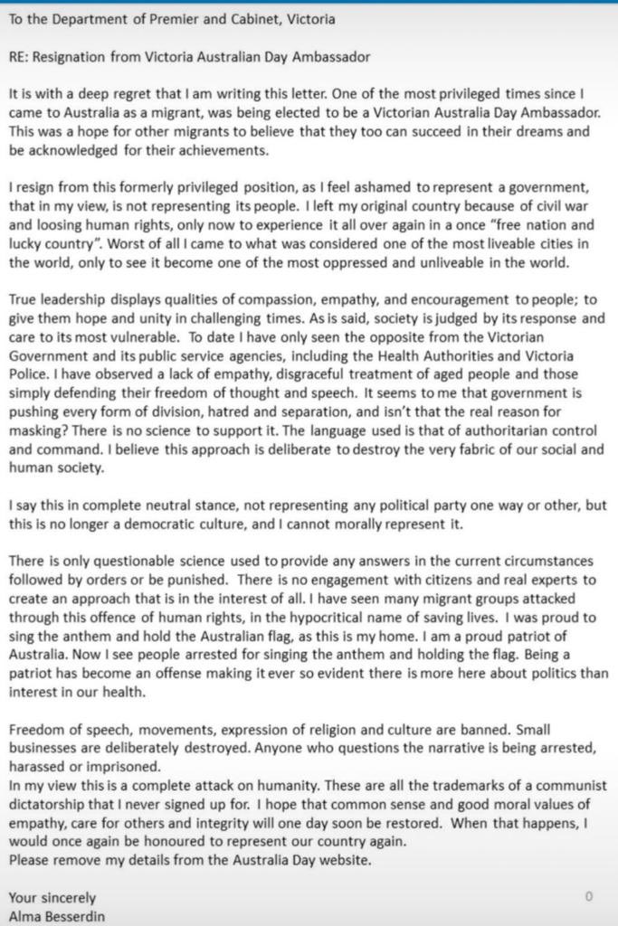 patrickdurkin's tweet image. Resignation from Victoria Australia Day Ambassador “ashamed to represent a government, that in my view, is not representing its people” @DanielAndrewsMP #melbournelockdown #COVID19Vic vic.gov.au/alma-besserdin