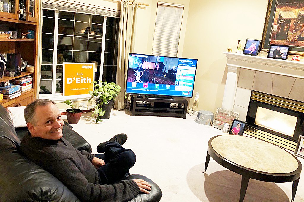 MapleRidgeNews's tweet photo. Bob D'Eith, @bcndp candidate for the riding of #MapleRidge #Mission watches results come in at home. #ElectionRidgeMeadows #ElectionMission https://t.co/p4c8AP55k1