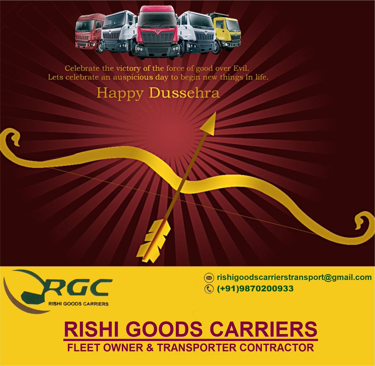 GoodsRishi's tweet photo. May this festivity brings an ocean of opportunities for you! May you always be successful and happy! Have a happy and prosperous Dussehra! #HappyDussehra #happydussehra2020 #Rishigoodscarriers #RGC #transport https://t.co/Wmoda0Yc5G