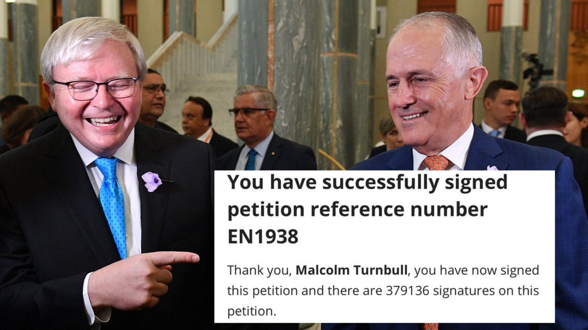 Office of Kevin Rudd, 26th PM of Australia (@mrkrudd) on Twitter photo Good to have you on board, <a href="/TurnbullMalcolm/">Malcolm Turnbull</a>. Supporting media diversity isn’t about left or right, Labor or Liberal, but preserving the lifeblood of our democracy.
11 days left to get our petition in front of as many Australians as possible. Please share: aph.gov.au/petition_list?… Good to have you on board, <a href="/TurnbullMalcolm/">Malcolm Turnbull</a>. Supporting media diversity isn’t about left or right, Labor or Liberal, but preserving the lifeblood of our democracy.
11 days left to get our petition in front of as many Australians as possible. Please share: aph.gov.au/petition_list?…