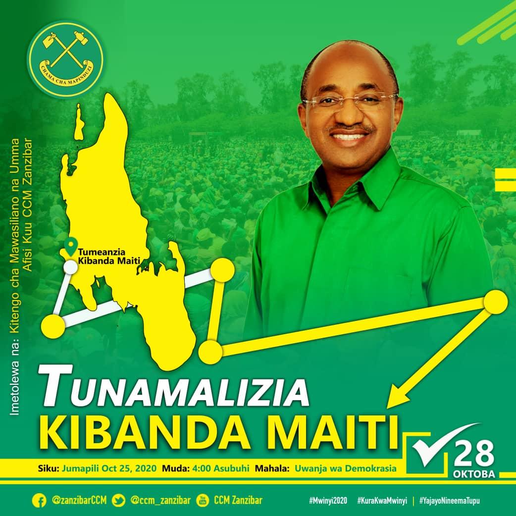 ccm_zanzibar's tweet photo. TUNAHITIMISHA.

Leo Jumapili tarehe 25 Oktoba, 2020 Chama Cha Mapinduzi Zanzibar kitafanya mkutano wa kufunga Kampeni katika Uwanja wa Demokrasia (Kibandamaiti) kuanzia saa 4:00 asubuhi.

#Mwinyi2020✅
#KuraKwaMwinyi
#YajayoNiNeemaTupu https://t.co/H5Lox9l5T3