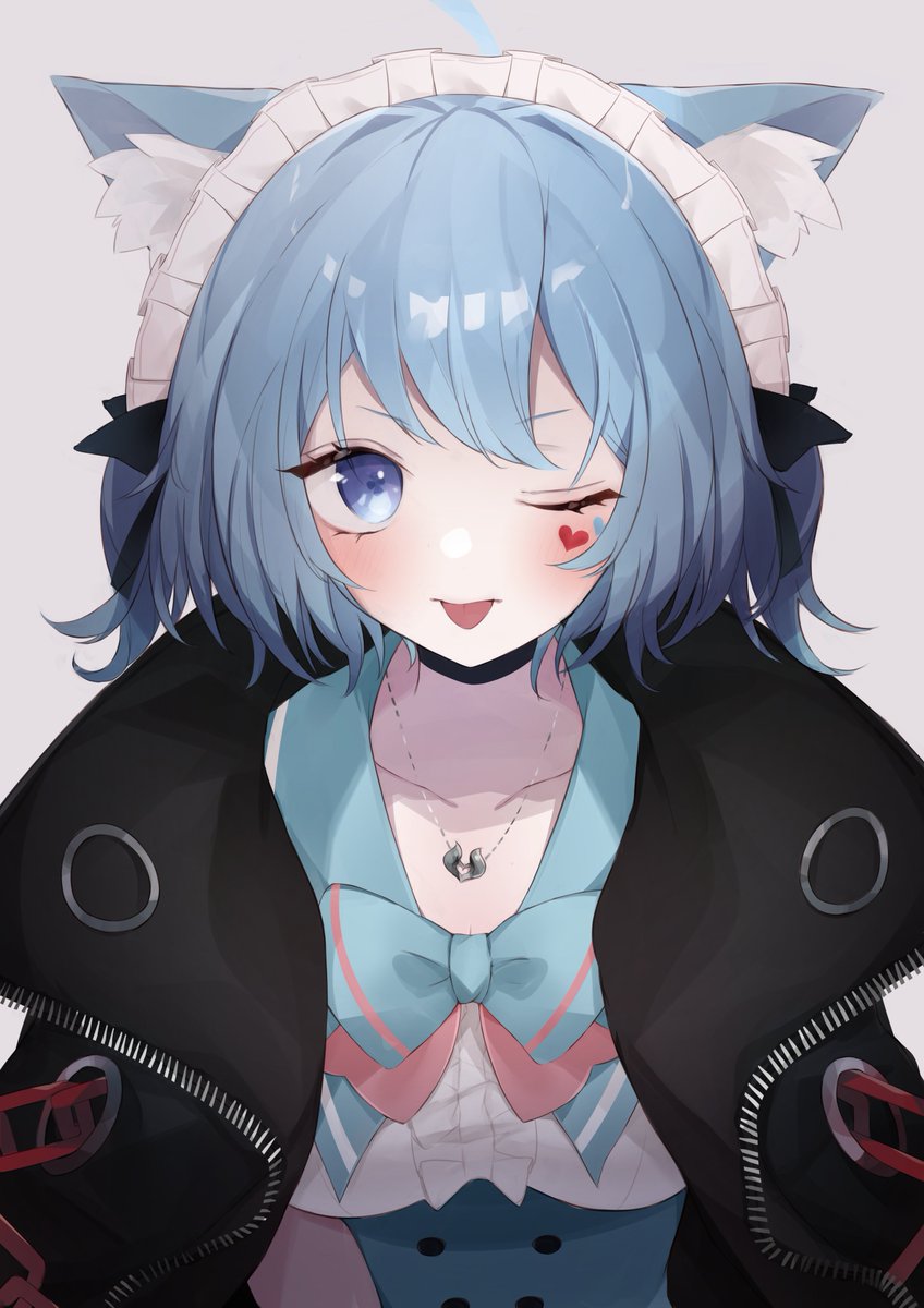1girl animal ears one eye closed blue eyes tongue blue hair tongue out  illustration images