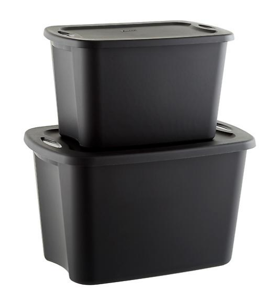 ARIES: black sterilite totes. cheap, easy to understand, not see through, can throw shit in them quickly, will incite anger when they break in 3 years due to neglect and incorrect use  https://www.containerstore.com/s/storage/garage-storage-totes/sterilite-black-tote-boxes/12d?productId=10034667