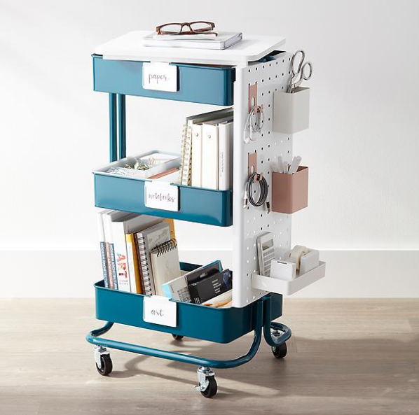 GEMINI: 3 tier rolling cart. comes with accessories you can mix and match, magnets stick to it, mobile so you can change your mind about where/what you need to use it for as much as you want  https://www.containerstore.com/s/home-office-storage-cart-starter-kit/d?q=3+tier+rolling+cart&productId=11013262